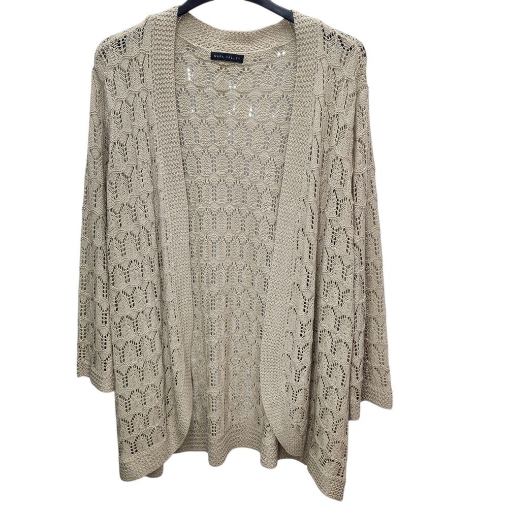 Napa Valley Open Stitch Crochet Cardigan Sweater Womens M-L Tan 3/4 Sleeves